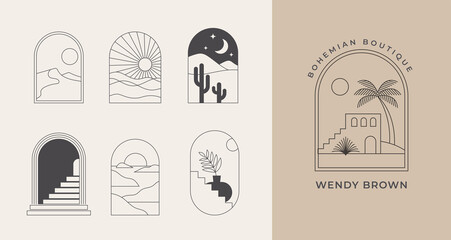 Bohemian linear logos, icons and symbols, landscape, arcs and windows design templates, geometric abstract design elements for decoration.  © Marina Zlochin