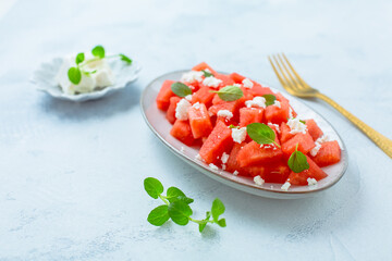 Summer salad with watermelon, feta cheese and mint