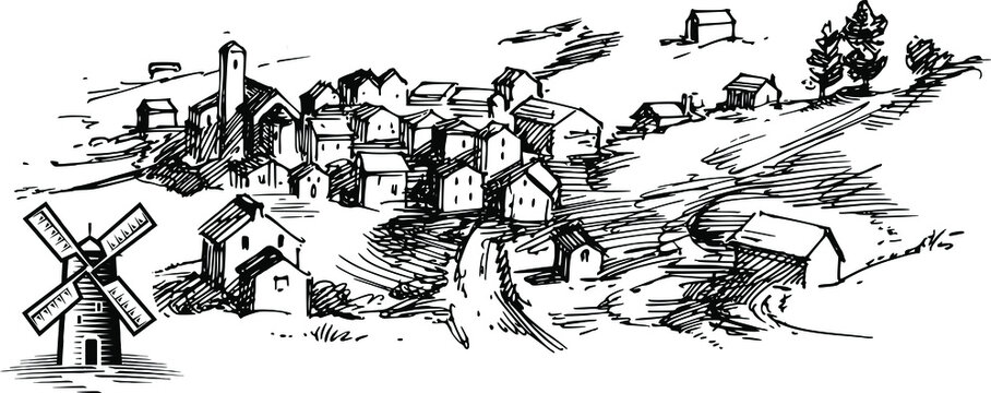Hand drawn vector sketch of landscape with village in mountains valley, Farm, farmer, bullock animal, indian bael gadi, bail gadu, factory, wind power (2)