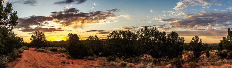 Panorama shot of sunrise with morning clouds over Colorado sandy desert bushes in america