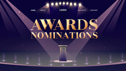 Award nominations cartoon landing page with tribune, microphone, glowing spotlights in conference hall, stage for presentation, empty scene interior. Announcement of ceremony event vector web banner