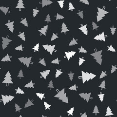 Grey Christmas tree icon isolated seamless pattern on black background. Merry Christmas and Happy New Year. Vector.