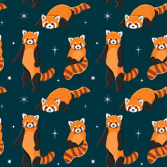 Seamless pattern of cute red panda in different poses. Cartoon design animal character flat vector style. Baby texture for fabric, wrapping, textile, wallpaper, clothing.