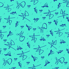 Seamless abstract blue pattern on a turquoise background. Abstraction in calligraphic style. For textiles, wallpapers and backgrounds.