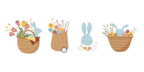 Happy Easter, vintage style Easter rattan baskets with eggs, flowers and bunnies. Retro Boho Easter clipart
