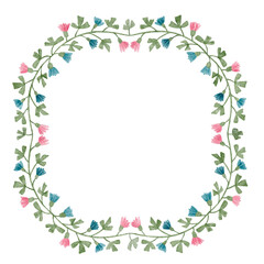 Fototapeta na wymiar Beautiful watercolor floral wreath frame on a white background. Frame made of abstract flowers and leaves in pastel colors with place for text. Floral isolated element for invitations, cards, textiles