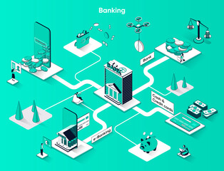 Fototapeta premium Banking services isometric web banner. Digital wallet, e-banking, cash and credit cards flat isometry concept. Financial transactions 3d scene design. Vector illustration with tiny people characters