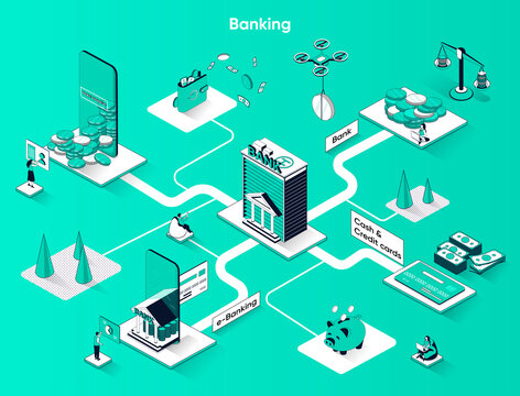 Banking services isometric web banner. Digital wallet, e-banking, cash and credit cards flat isometry concept. Financial transactions 3d scene design. Vector illustration with tiny people characters