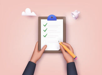 Hand holding checklist on a clipboard paper. Successful completion of business tasks. 3D Web Vector Illustrations.