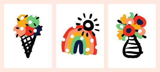 Creative vector illustrations set of multicolored ice cream in waffle cone, rainbow with shining sun and blooming flower bouquet in striped vase. Playful design for cute greeting card or naive poster