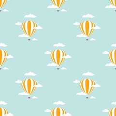 Fototapeta na wymiar hot air baloons flying in the blue sky with clouds. Flat cartoon vector illustration.