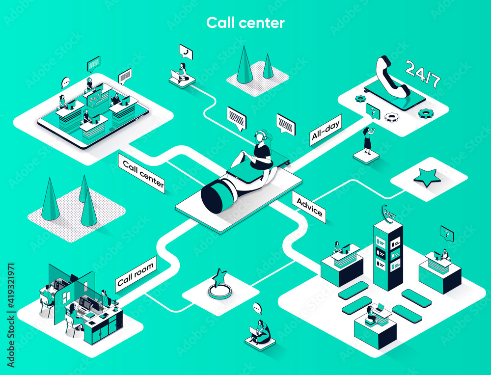 Leinwandbilder call center isometric web banner. hotline operators in office flat isometry concept. online customer