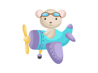 Little mouse wearing aviator goggles flying an airplane. Funny baby character flying on plane for greeting card, baby shower, birthday invitation, house interior. Isolated cartoon vector illustration