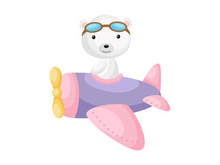 Little polar bear wearing aviator goggles flying an airplane. Funny baby character flying on plane for greeting card, baby shower, birthday invitation, house interior. Isolated vector illustration