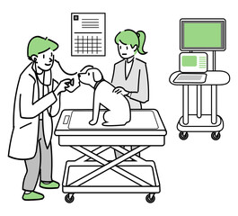 動物病院で大型犬の診療を行う2人