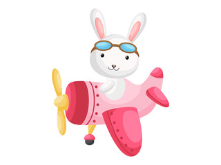 Little rabbit wearing aviator goggles flying an airplane. Funny baby character flying on plane for greeting card, baby shower, birthday invitation, house interior. Isolated cartoon vector illustration