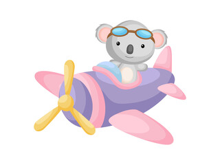 Little koala wearing aviator goggles flying an airplane. Funny baby character flying on plane for greeting card, baby shower, birthday invitation, house interior. Isolated cartoon vector illustration