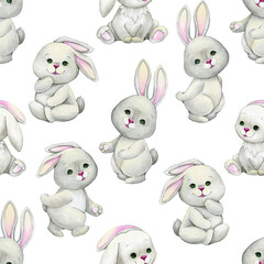 Cute bunnies, in cartoon style on an isolated background. Watercolor seamless pattern, for digital paper, and fabric printing.