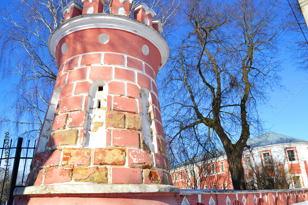 Wall mural in the estate of the Goncharovs in Yaropolets . fortress brick towers with battlements.