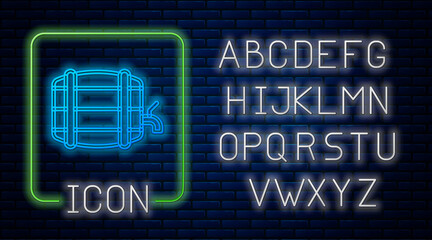 Glowing neon Wooden barrel on rack with stopcock icon isolated on brick wall background. Neon light alphabet. Vector.