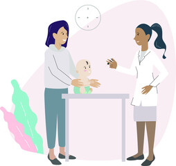 Pediatrician vaccinates to a baby with mother. Childrens doctor give a vaccination to little kid. Vector illustration for concept of immunity, health, vaccines against viruses and diseases