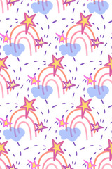 Rainbow, sky space seamless pattern, funny childish hand drawn style, shapes of cloud, asymmetric stars in pink, blue colors. White background