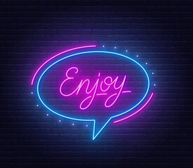 Enjoy neon glowing lettering on brick wall background.