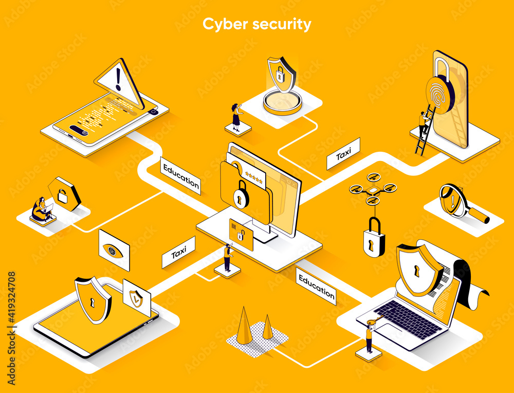 Poster Cyber security isometric web banner. Protect personal data 3d scene design. Modern identification technologies, password access flat isometry concept. Vector illustration with tiny people characters