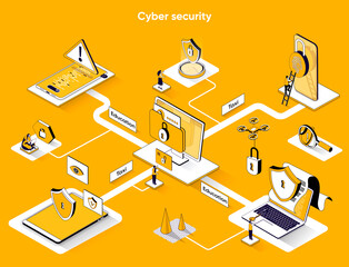 Cyber security isometric web banner. Protect personal data 3d scene design. Modern identification technologies, password access flat isometry concept. Vector illustration with tiny people characters