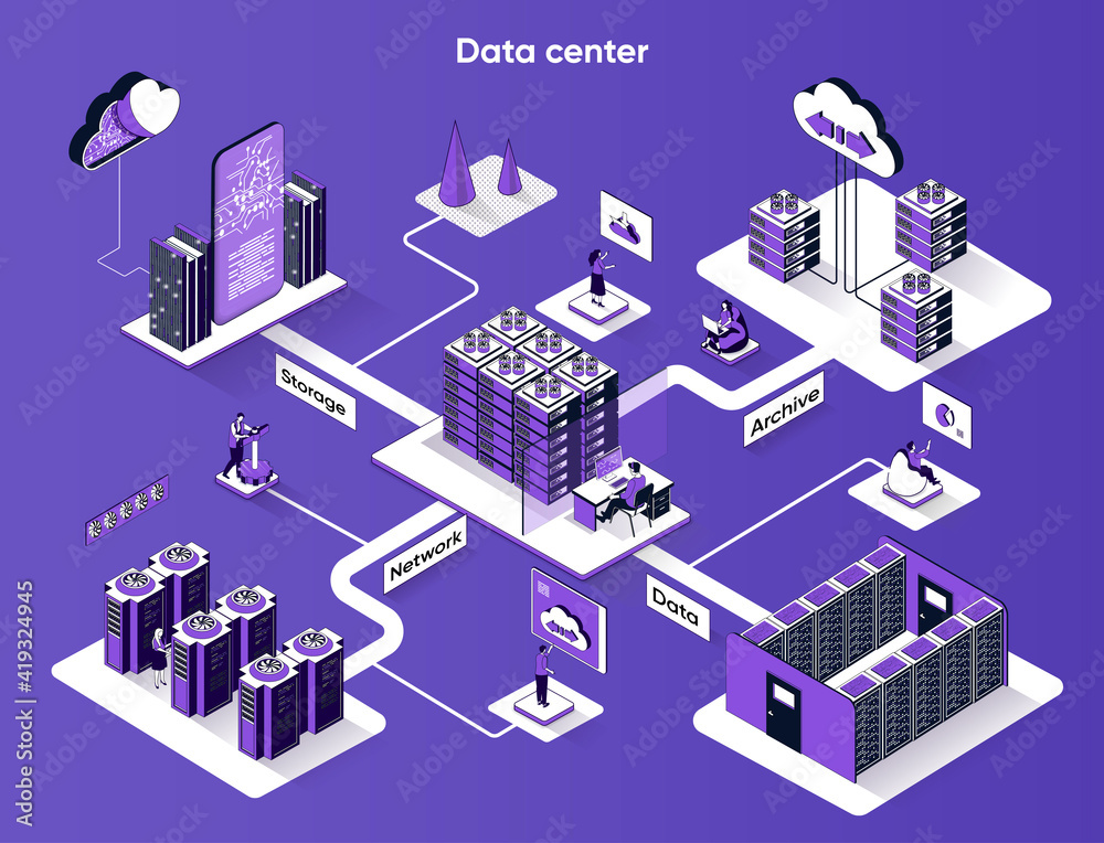 Wall mural data center isometric web banner. networking, database, cloud storage, internet archive 3d scene des