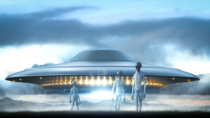Fototapeta na wymiar long shot of three aliens in withe space suite landing on a landscape and a ufo with bright light in background - concept art - 3D rendering 