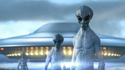 close encounters with three aliens grey in a withe space suite and ufo in the background with bright light - concept art - 3D rendering  © danielegay