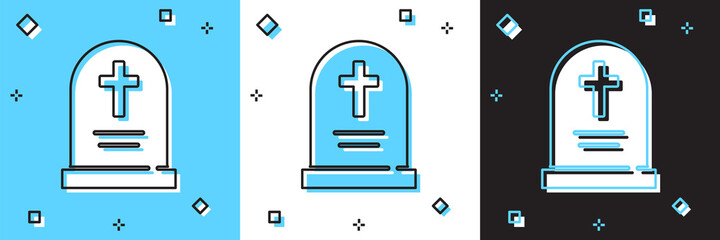 Obraz premium Set Tombstone with cross icon isolated on blue and white, black background. Grave icon. Happy Halloween party. Vector.