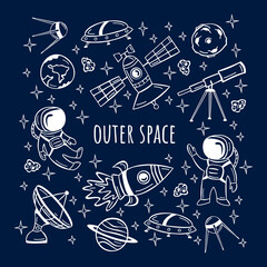 Hand drawn set with astronaut, satellite, rocket and planets in doodle style. Collection of hand drawn doodles outer space.