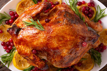Thanksgiving chicken on wooden table gala dinner