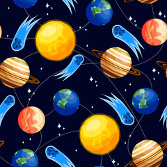 Seamless pattern with planets, stars and comet. Background with the universe.