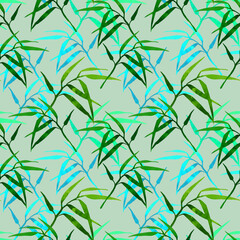 Fototapeta na wymiar Floral seamless pattern with bamboo branches watercolour on color background. Hand drawn style. Perfect for paper, textile, wrapping and decoration.