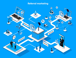 Referral marketing isometric web banner. Refer a Friend flat isometry concept. Sharing business info, social media, loyal customers 3d scene design. Vector illustration with tiny people characters