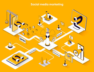Social media marketing isometric web banner. Communication, online promotion flat isometry concept. Advertising, SMM strategy, trends 3d scene design. Vector illustration with tiny people characters