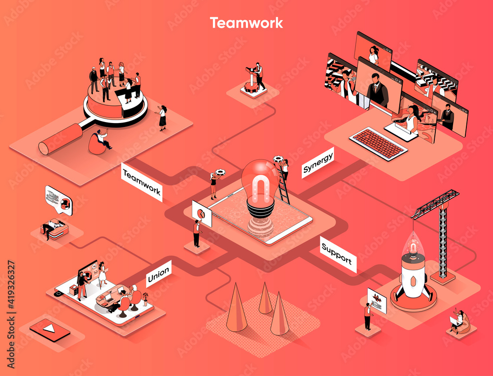 Poster teamwork isometric web banner. business meetings and partnership flat isometry concept. union busine