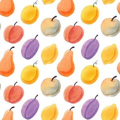 Pattern of watercolor fruits on a white background in a childish style