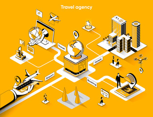 Travel agency isometric web banner. Organization of vacation tours flat isometry concept. World tourism, flights, hotel booking 3d scene design. Vector illustration with tiny people characters