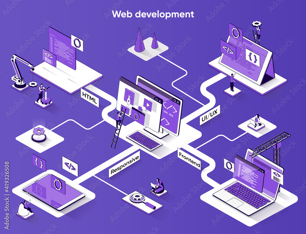 Poster Web development isometric banner. Development software for website flat isometry concept. Frontend, UI UX, coding and optimization, 3d scene design. Vector illustration with tiny people characters