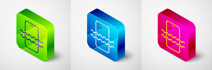 Isometric Waterproof mobile phone icon isolated on grey background. Smartphone with drop of water. Square button. Vector.