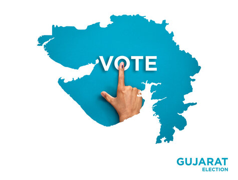 VOTE FOR INDIA GUJARAT , male Indian Voter Hand with voting sign or ink pointing out , Voting sign on finger tip Indian Voting on blue background