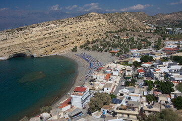 View of village Matala at Hippie Caves on Crete in Greece, Europe
