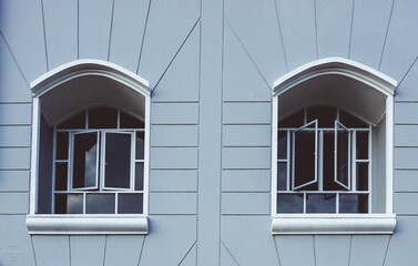 Minimalist house window. Modern style glass windows. Big windows vintage model. 
