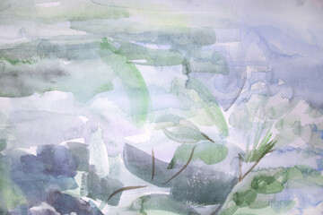 Relax nature clouds and mist background. Watercolor hand painted brush strokes texture. Abstract paint wallpaper.