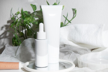 mockup of beauty fashion cosmetic makeup bottle serum dropper product with skincare healthcare concept on background