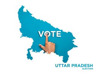 VOTE FOR INDIA UTTAR PRADESH , male Indian Voter Hand with voting sign or ink pointing out , Voting...